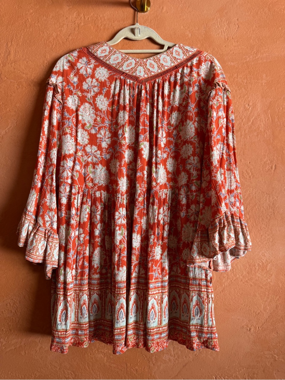 Free People Boho Floral Printed Tunic Top Bell Sleeve Medium - Picture 7 of 9